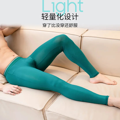 Sexy Mens Grey Ultra-thin Transparent Leggings Long Johns Lounge Tight Pants Underwears