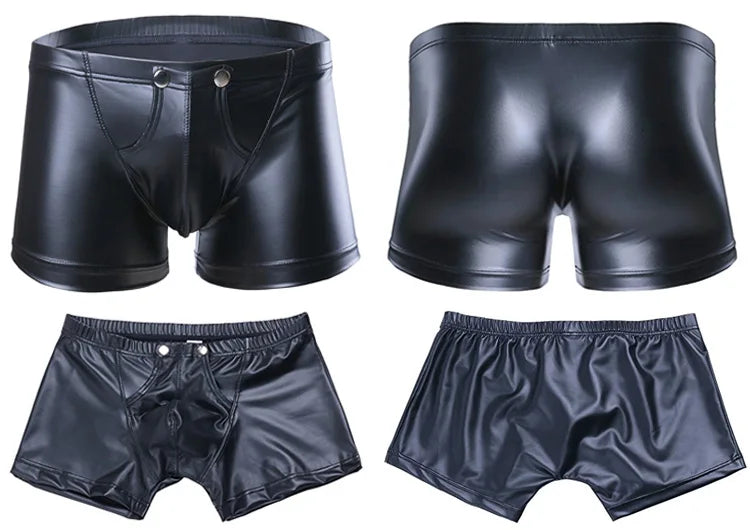 Sexy Men Boxers Open Crotch Faux Leather Lingerie Stage U Convex Pouch Black Patent Leather Boxers Shorts Gay Mens Underwear