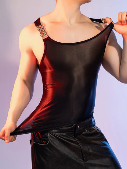 Sexy Men Oil Glossy Shiny Tank Tops Stain Smooth Strap Vest Sheer See Through Fashion Top High Elastic Sleeveless Shirt