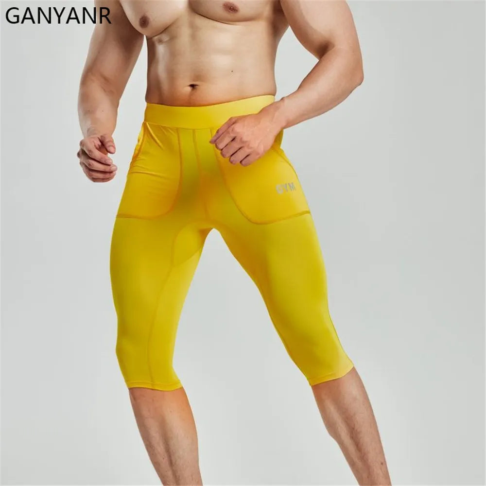 GANYANR Running Tights Men Fitness Training Track Suit Compression With Pockets winter Legging Cargo pants Sports gym 2in1 sport