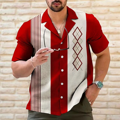 Mens Casual Vintage Bowling Shirt Retro Striped Short Sleeve Button Down Shirts Beach Shirt Men's Tops Costume