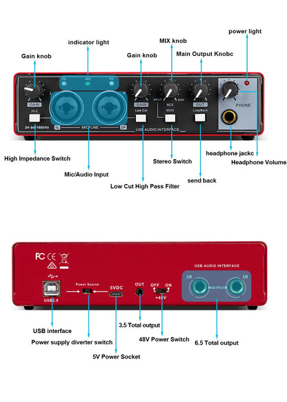 2-channel audio interface sound card with display, professional recording studio mixer for electric guitar on-site recording, 24