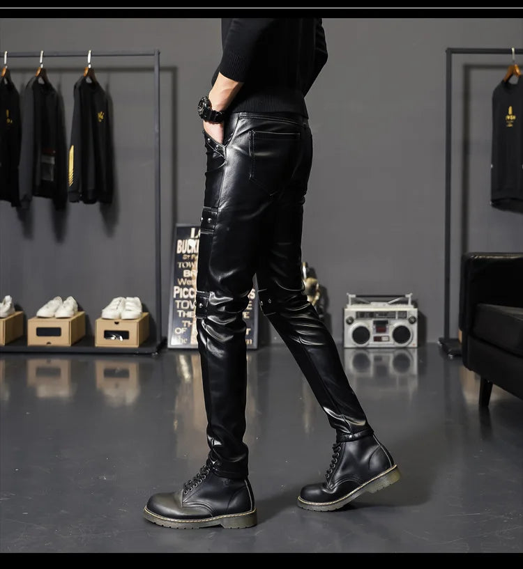 2024 New Winter Spring Mens Skinny Biker Leather Pants Fashion Faux Leather Motorcycle Trousers for Male Trouser Stage Club Wear