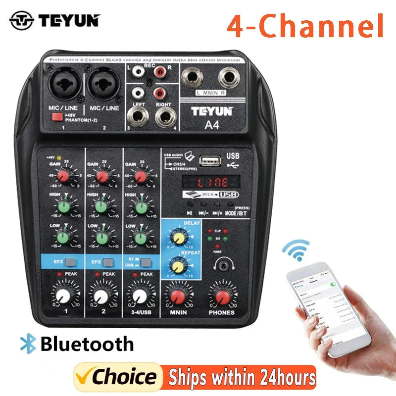 TEYUN A4 Audio Mixer 4-Channel Sound Mixing Console A8 Support Bluetooth USB 48V Power for Karaoke Party Recording Webcasting