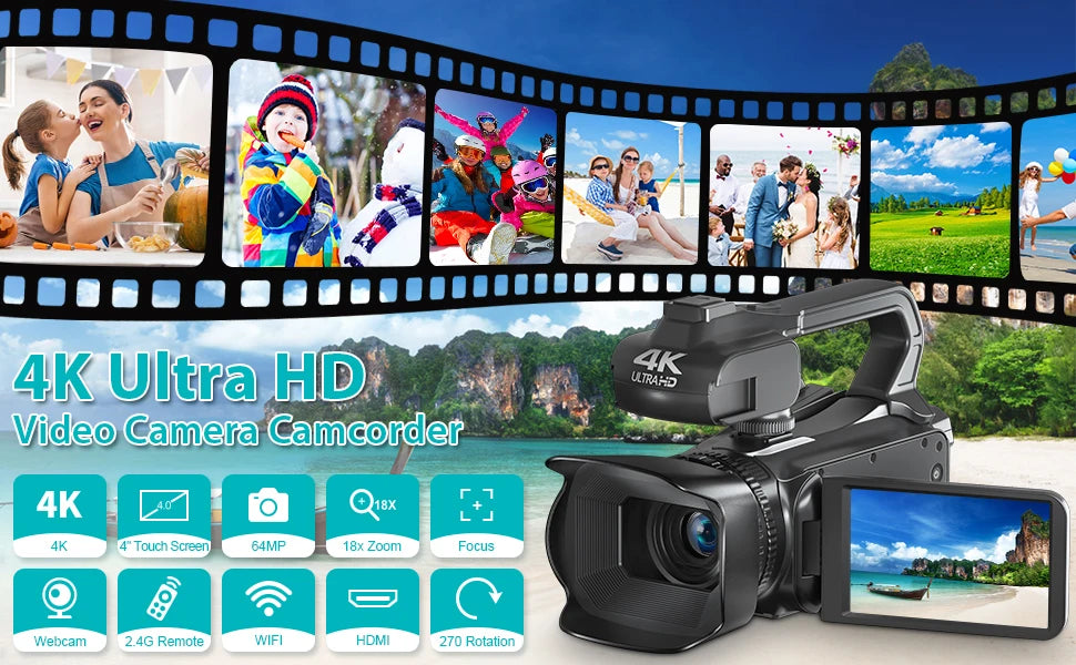 WIFI Camcorder 4K Video Camera 64MP 60FPS HD Auto Focus Vlogging 4.0" Touch Screen 18X Zoom for Live Streaming