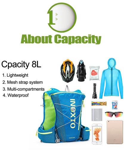 8L Running Hydration Vest Backpack Outdoor Sport Running Backpack Trail Marathon Jogging Hiking Backpack Option Water Bag Flask