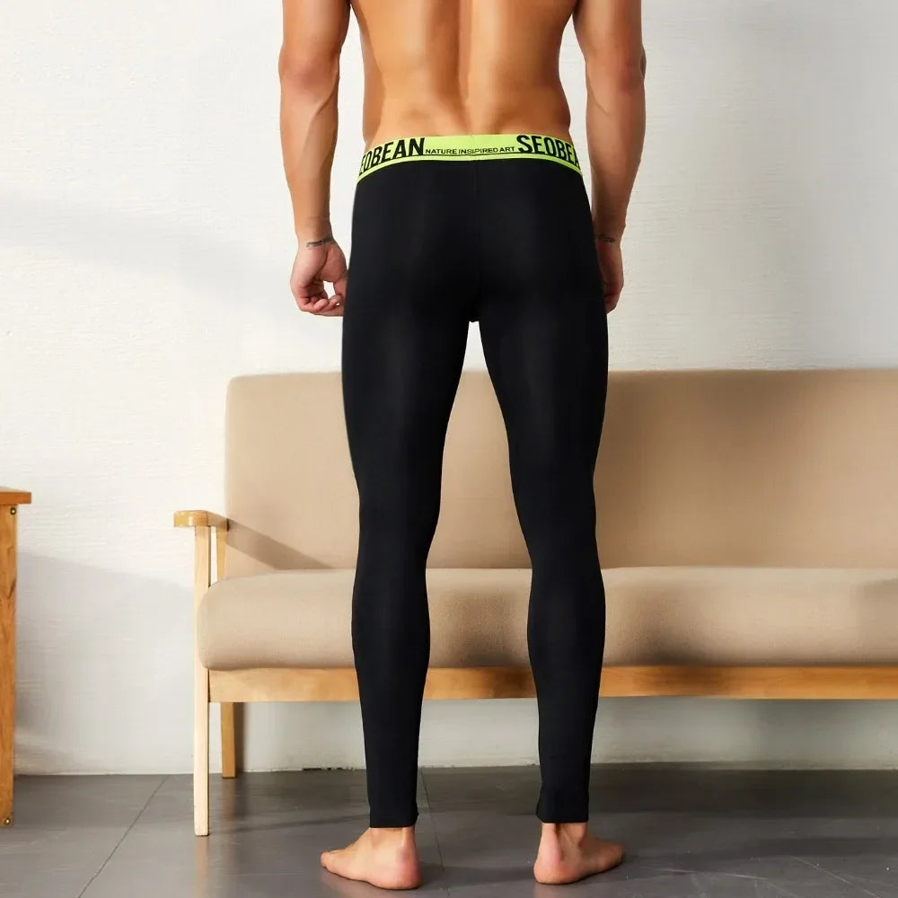 SEOBEAN-Men's Sexy Cotton Long Johns, Open Thermal Underpants, Sexy Pants, Monochromatic Leggings