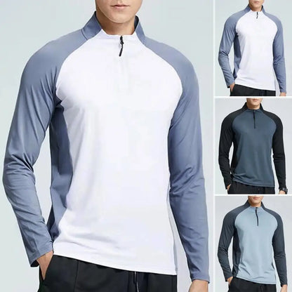 Men's  Long Sleeved Slim Fit Track Top With Half Zipper Stand Up Collar.