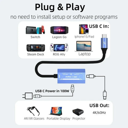 USB C to C Video Converter 4K@60Hz Display Adapter with PD100W for Laptop Switch to XREAL/VITURE One/RayNeo AR Glasses Monitor