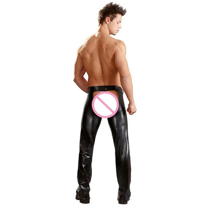 Faux Leather Fetish Gay Open Crotch Chaps Sexy Latex Men Wetlook Wear Sissy Lingerie Crotchless Pants with Thongs for Man