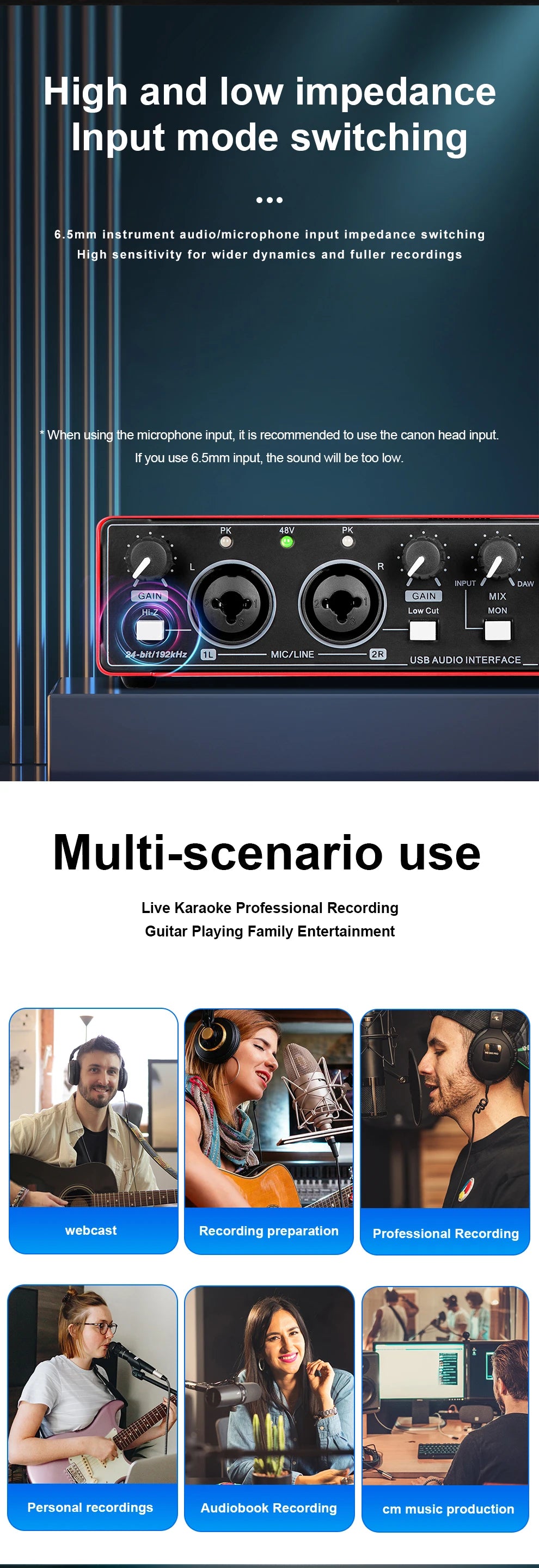 2-channel audio interface sound card with display, professional recording studio mixer for electric guitar on-site recording, 24