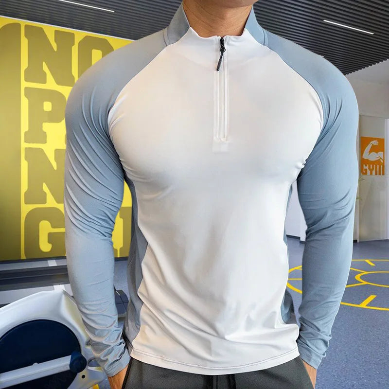 Men's Fitness Training T-shirts Tops Gym Workout Compression Sweatshirt for Running Football Jersey High Collar Sportswear