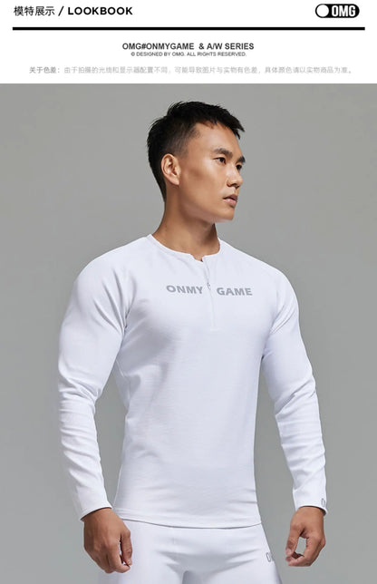 Men Sports Fitness Top Long Sleeve Zipper Neck Streetwear