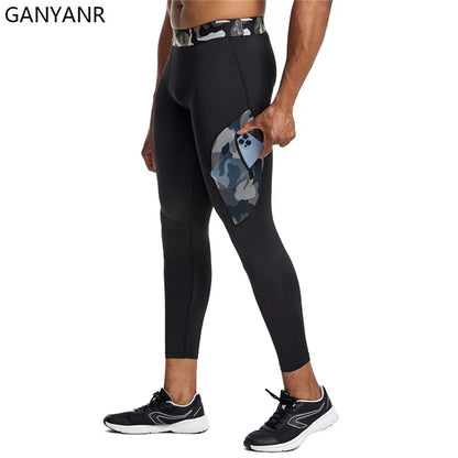 GANYANR Running Tights Men Fitness Training Track Suit Compression With Pockets winter Legging Cargo pants Sports gym 2in1 sport