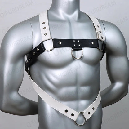 Men Black White Faux Leather Metal Rings Body Chest Harness Punk Male Leather Bondage Costume Sexy Gay Club Rave Straps Crop Top