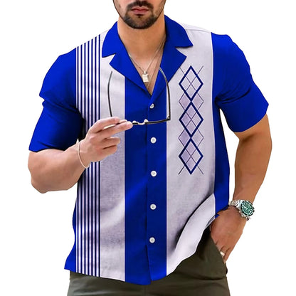 Mens Casual Vintage Bowling Shirt Retro Striped Short Sleeve Button Down Shirts Beach Shirt Men's Tops Costume