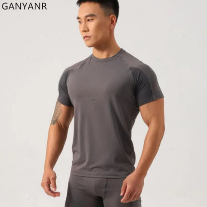 GANYANR Running T-Shirt Man Short Sleeve Fitness Compression Sports Active Wear Sportswear Gym Training Quick Dry Tee Jogging