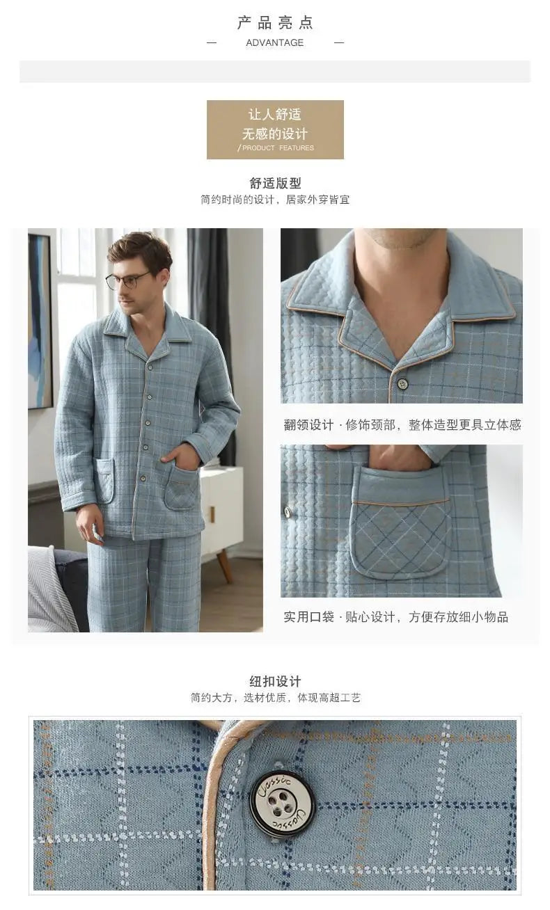 Fall & Winter Thicken Men's Pajama Sets Simple Warm Sleepwear Cotton Top Pant Leisure Outwear Soft Plus Size Loungewear 2024