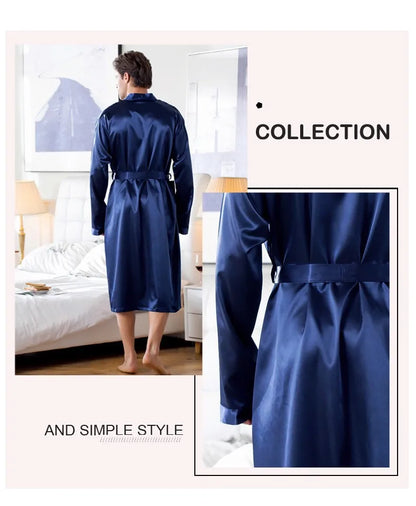 Plus Size Male Sleepwear Kimono Bath Robe Gown Gray Long Sleeve V-Neck Nightwear with Belt Pocket Spring Summer Men Home Clothes