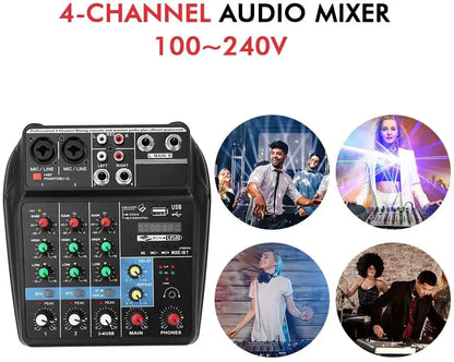 TEYUN A4 Audio Mixer 4-Channel Sound Mixing Console A8 Support Bluetooth USB 48V Power for Karaoke Party Recording Webcasting