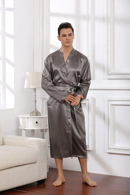 Plus Size Male Sleepwear Kimono Bath Robe Gown Gray Long Sleeve V-Neck Nightwear with Belt Pocket Spring Summer Men Home Clothes