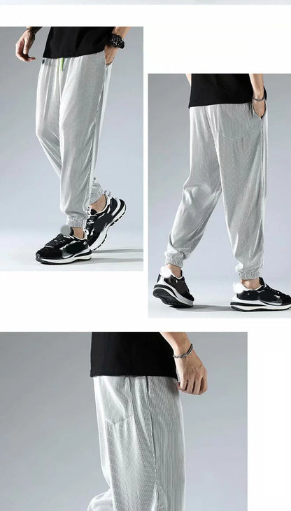 Summer Invisible Zipper Open Crotch Ice Silk Jogger Pants Thin Harem Male Oversized Sportswear Trousers