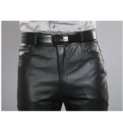 Male Leather Pants, Plus Size, Men's Straight Pants ,Men Sheepskin Pants, Zipper Fly Regular Full Length Pants 7XL