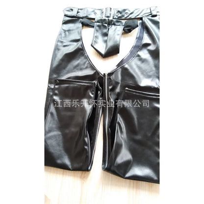 Faux Leather Fetish Gay Open Crotch Chaps Sexy Latex Men Wetlook Wear Sissy Lingerie Crotchless Pants with Thongs for Man