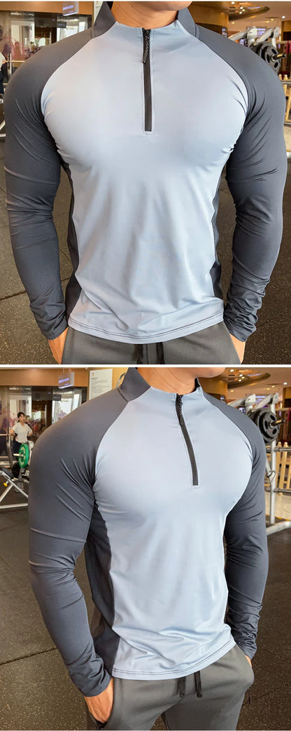 Men's Fitness Training T-shirts Tops Gym Workout Compression Sweatshirt for Running Football Jersey High Collar Sportswear