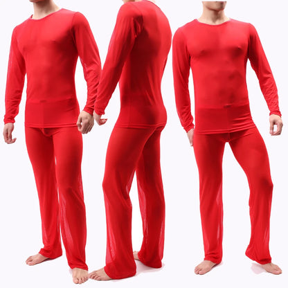 Men's Pajama Set Sexy Underwear Sleep Bottoms Mesh Pouch See-through Suit Porn Erotic Lingerie for gay Underpants Long Johns