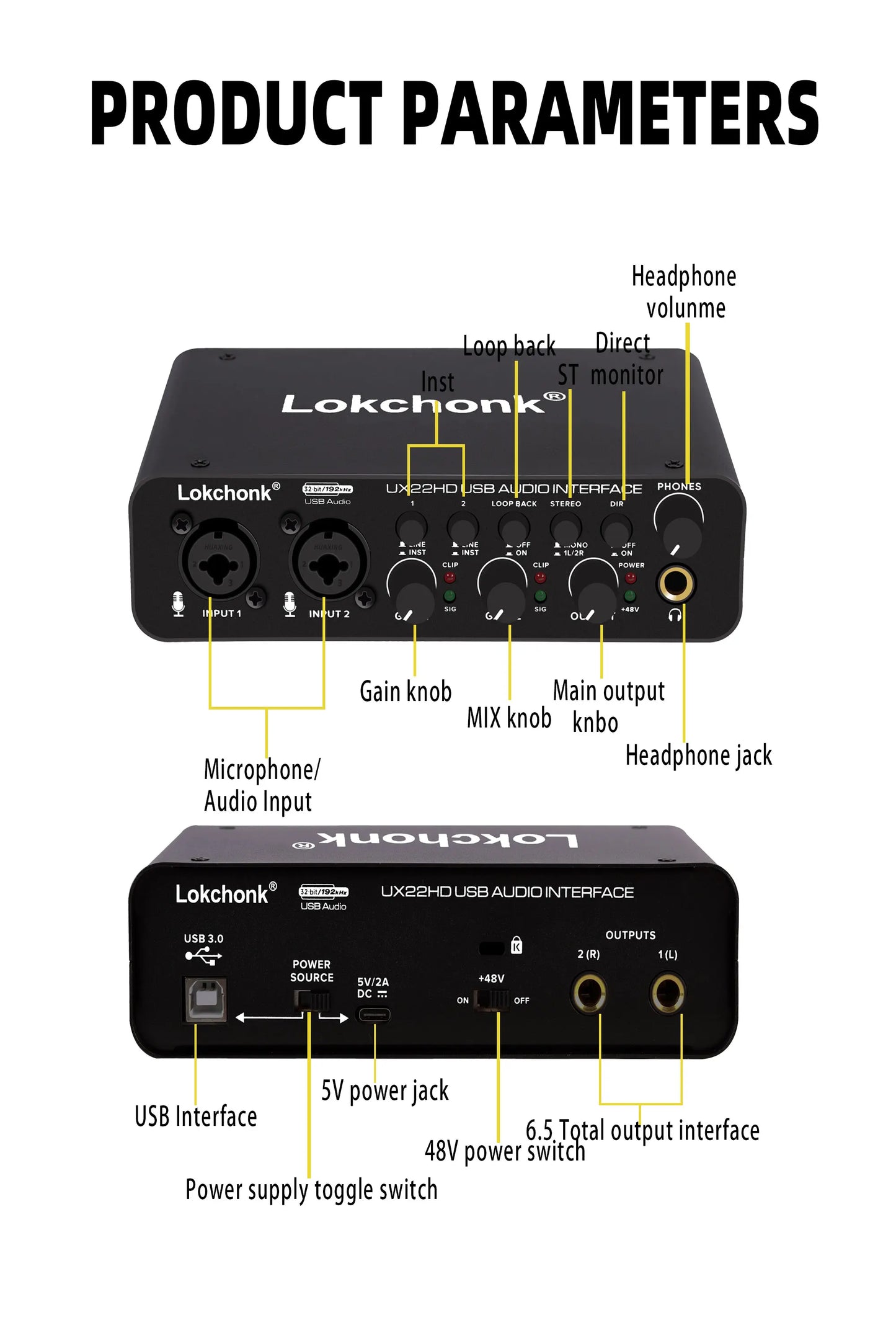 UX22 Audio Interface Sound Card 32-bit/192KHz AD Converter, Electric Guitar Live Recording Professional Studio Singing, Podcast