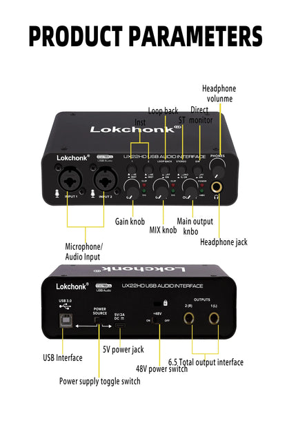 UX22 Audio Interface Sound Card 32-bit/192KHz AD Converter, Electric Guitar Live Recording Professional Studio Singing, Podcast