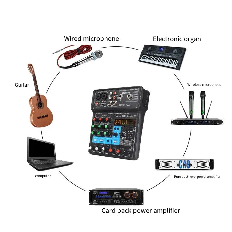 4-way Small Mixer Mobile Phone Sound Card Professional Live Broadcast Mixer Recording Equipment Bluetooth Digital Audio Mixer