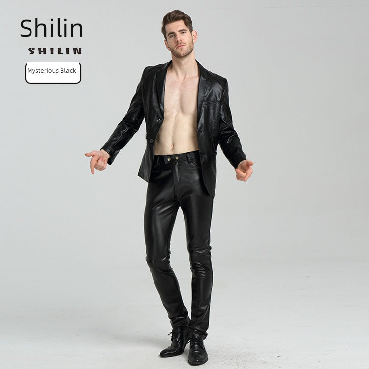 Youth Black Thin Slim-Fitting Ankle-Tied Handsome Leather Pants