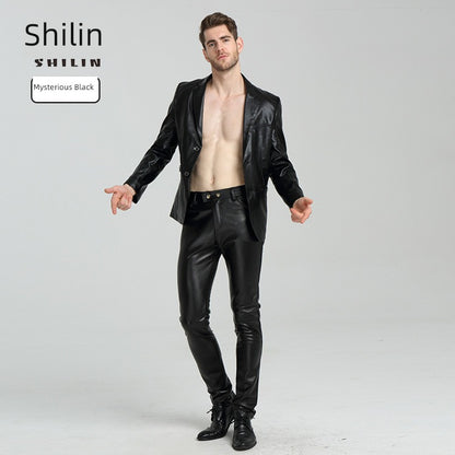 Youth Black Thin Slim-Fitting Ankle-Tied Handsome Leather Pants