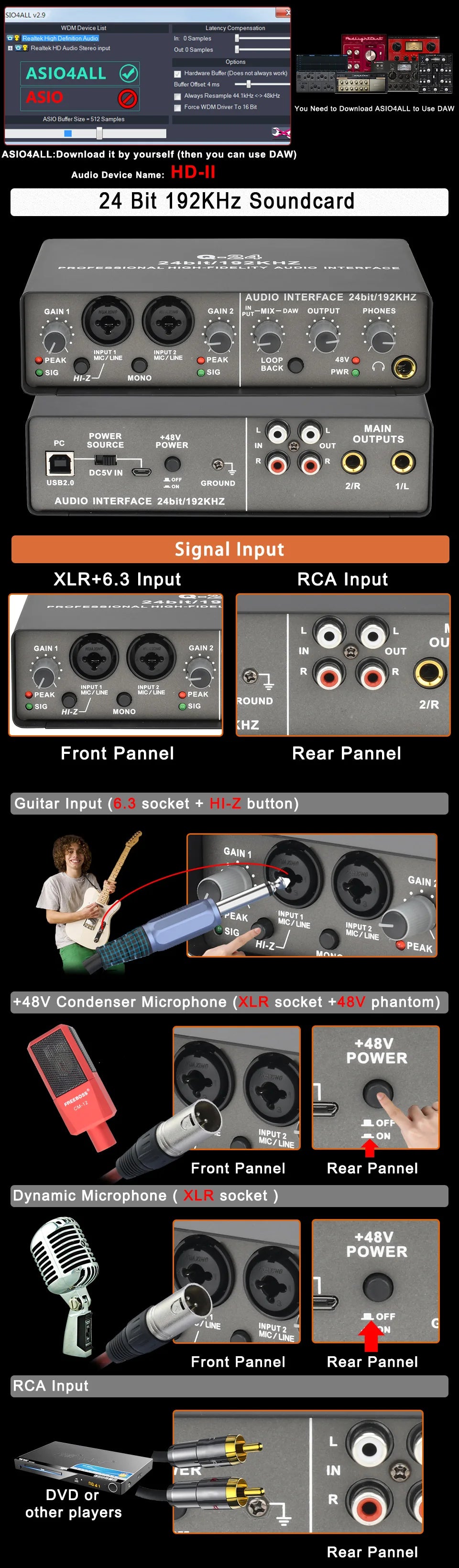 Professional 24Bit 192KHz Audio Interface 2 Input Sound Card for Guitar Loopback USB External Soundcard Studio PC Recording Q24