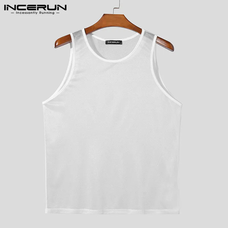 Men Tank Tops Solid O-neck Sleeve Mesh Transparent Sexy Vests Streetwear 2024 Fashion Party Casual Men Clothing S-5XL INCERUN