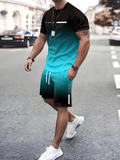 2 Piece Men's Fashion Summer Resort Clothing Set, Men's Gradient Short Sleeve T-Shirt and Pocket Drawstring Shorts Set