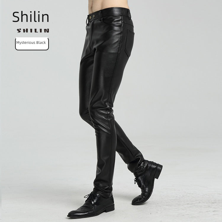 Youth Black Thin Slim-Fitting Ankle-Tied Handsome Leather Pants