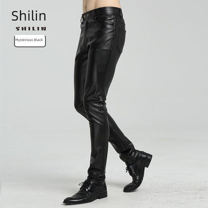 Youth Black Thin Slim-Fitting Ankle-Tied Handsome Leather Pants