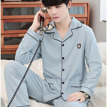 Men's Spring And Fall Cotton Pajamas Long-Sleeved Cotton Home Wear Casual Outwear Big Yards Boys Home Wear Suit