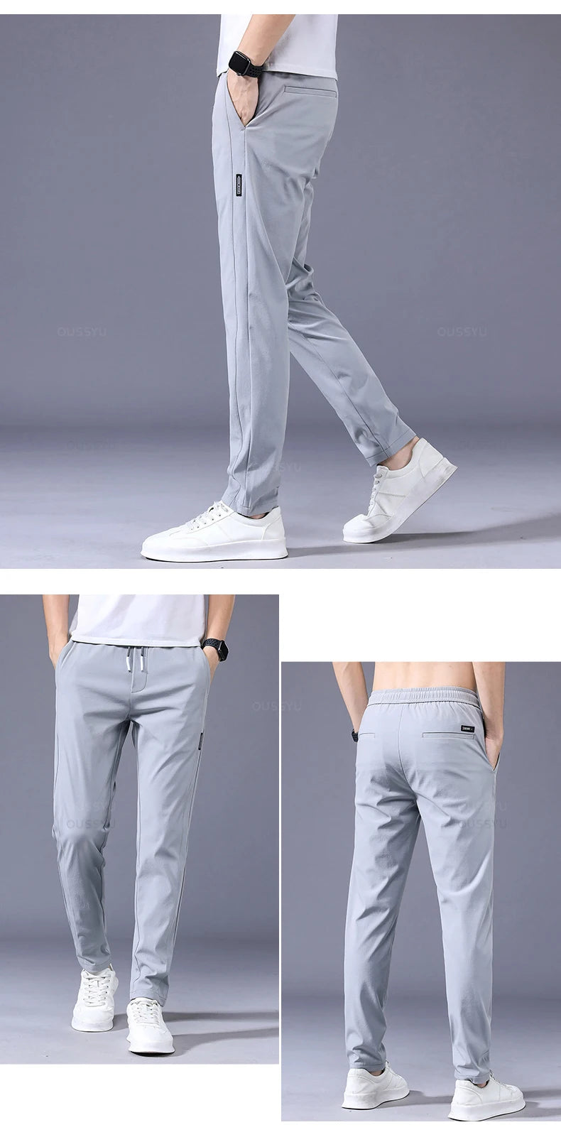 2024 Men's Trousers Spring Summer New Ultrathin Green Solid Color Fashion Pocket Applique Full Length Casual Work Pants Pantalon