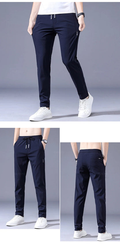 2024 Men's Trousers Spring Summer New Ultrathin Green Solid Color Fashion Pocket Applique Full Length Casual Work Pants Pantalon