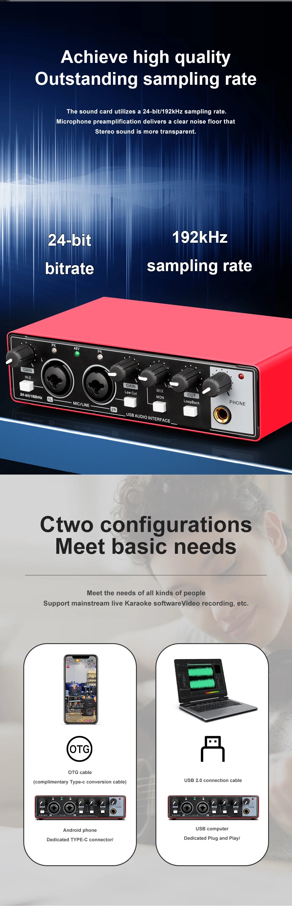 2-channel audio interface sound card with display, professional recording studio mixer for electric guitar on-site recording, 24