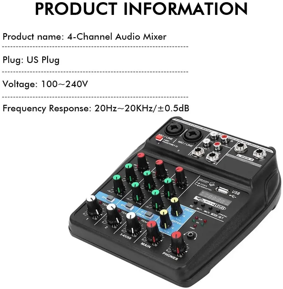 TEYUN A4 Audio Mixer 4-Channel Sound Mixing Console A8 Support Bluetooth USB 48V Power for Karaoke Party Recording Webcasting