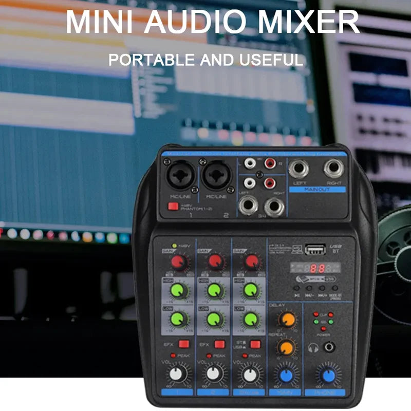 BOMGE 4 MINI Channel Mixer DJ Mixing Console with Bluetooth 48V Phantom Power Monitor Karaoke System USB Mixer Audio