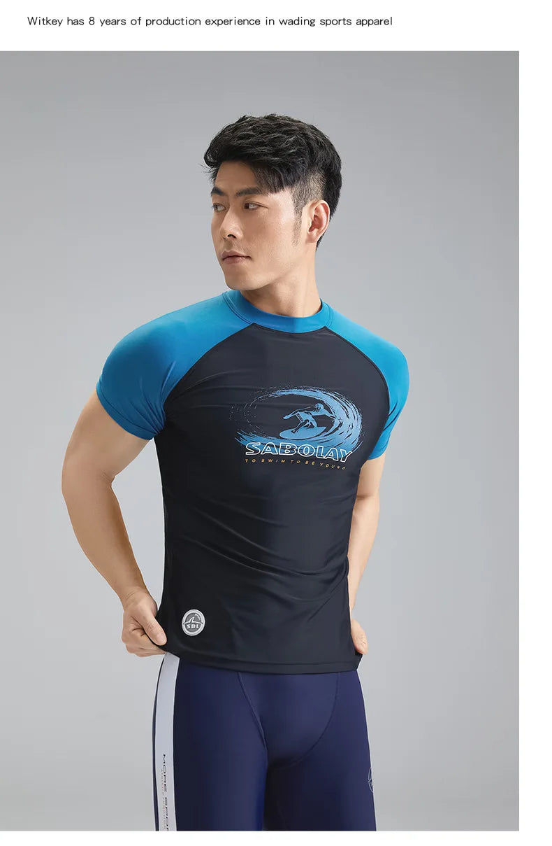 SABOLAY Men Elastic Short Sleeves Swimwear Rashguard Surf Diving Swimsuit Spearfishing Kitesurf Rash Guard Dry