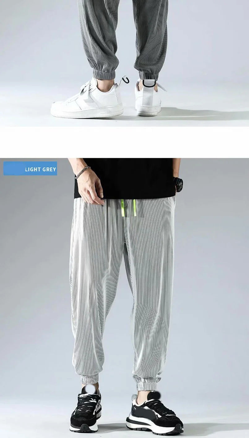 Summer Invisible Zipper Open Crotch Ice Silk Jogger Pants Thin Harem Male Oversized Sportswear Trousers