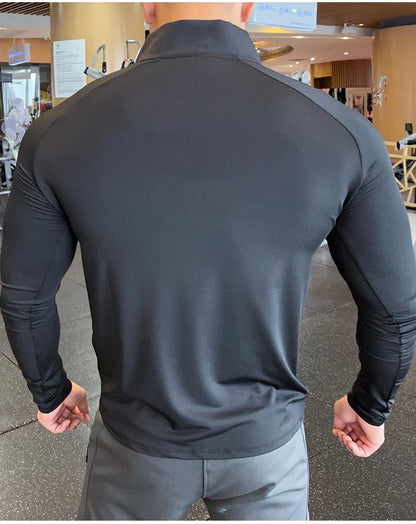 Men's Fitness Training T-shirts Tops Gym Workout Compression Sweatshirt for Running Football Jersey High Collar Sportswear