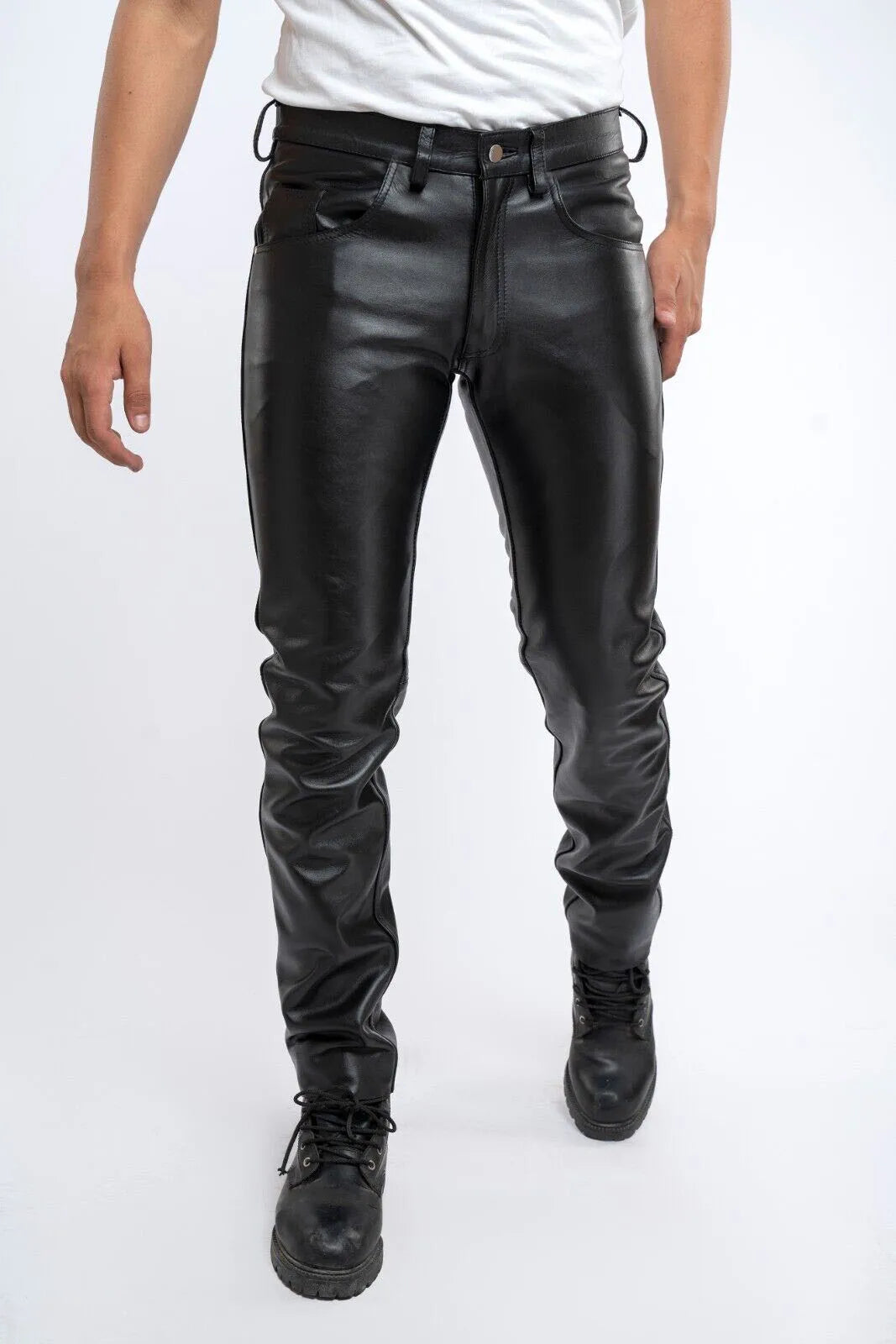 2023Men Leather Pants Slim PU Leather Trousers Fashion Elastic Motorcycle Leather Pants Waterproof Oil-Proof Male Bottoms